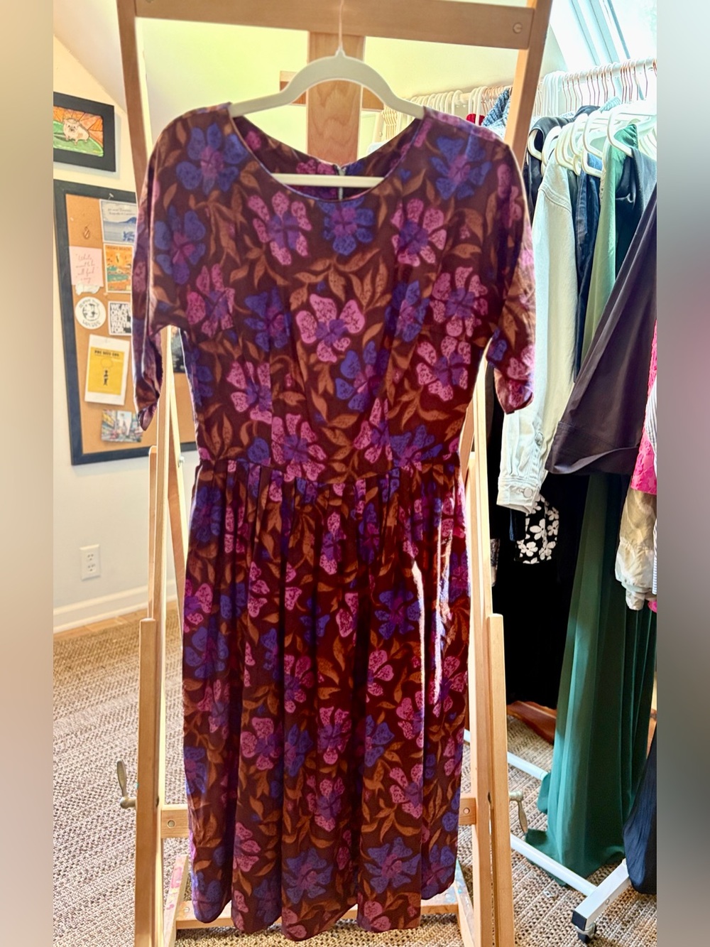 Vintage Late 50s/Early 60s Magenta, Hand-sewn Purple Brown Dress